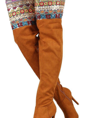 Dedicate64s Cognac Aztec Embroidered Thigh High Boot