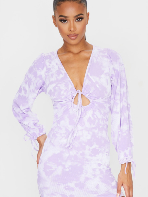 Lilac Tie Dye Print Tie Front Detail Long...