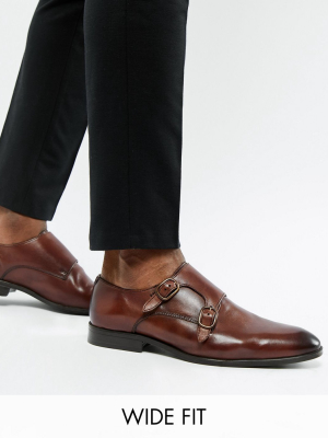 Asos Design Wide Fit Monk Shoes In Brown Leather