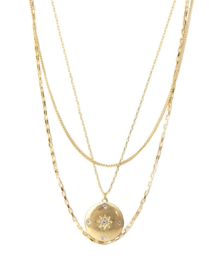 Tri-strand Pave Starburst Disc Necklace