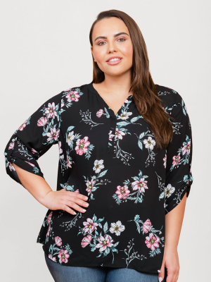 Yasmin Floral Roll-tab Sleeve Top (plus Size)