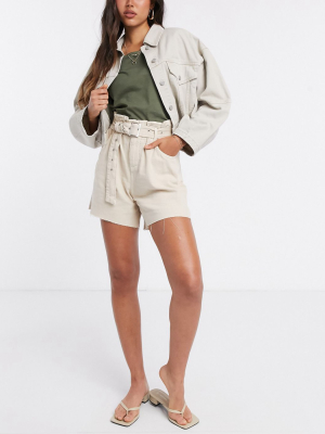 Mango Belt Detail Raw Hem Denim Shorts In Sand