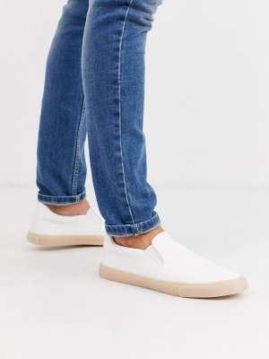 Asos Design Slip On Plimsolls In White Leather Look With Gum Sole