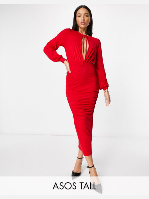 Asos Design Tall Blouson Tie Long Sleeve Midi Dress With Side Ruching In Red