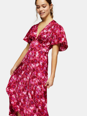 Petite Willow Pink Floral Print Angel Sleeve Midi Dress