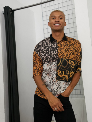 Asos Design Oversized Polo In Patchwork Animal And Baroque Print