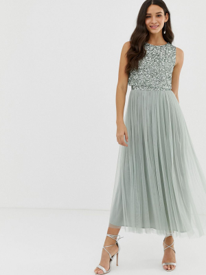 Maya Bridesmaid Sleeveless Midaxi Tulle Dress With Tonal Delicate Sequin Overlay In Sage Green