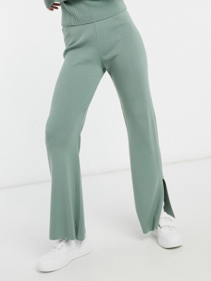 Asos Design Knit Wide Leg Pants With Split Detail In Sage