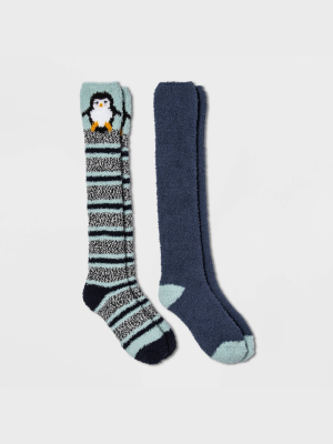 Women's Penguin 2pk Cozy Knee High Socks - Blue 4-10