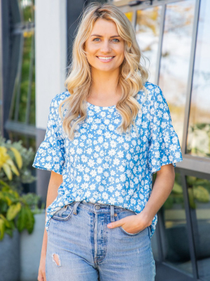 Olly Flare Sleeve Top - Blue Daisy