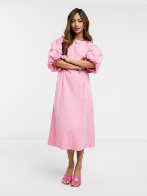 Vero Moda Poplin Midi Dress With Puff Sleeves In Pink