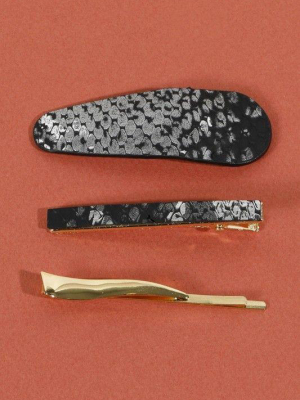 Set Of 3 Snake Skin Print Leather Hair Clips