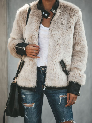 Vanity Faux Fur Leather Trim Pocketed Jacket