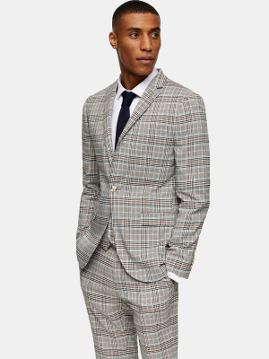 3 Piece Stone Check Skinny Fit Suit With Notch Lapels