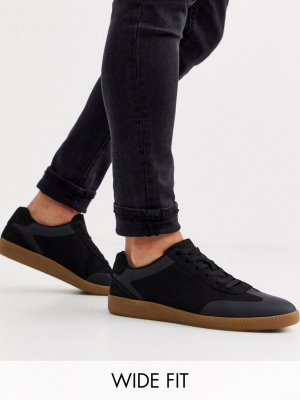 Asos Design Wide Fit Lace Up Sneakers In Black Faux Suede With Gum Sole