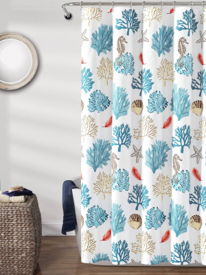 Single Reef Feather Shower Curtain Blue/coral - Lush Décor