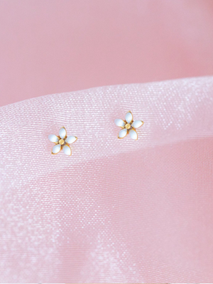 White Enamel Flower Studs: Gold