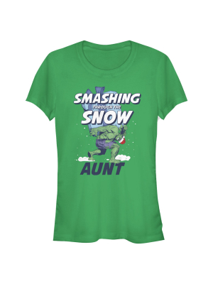 Junior's Marvel Christmas Hulk Aunt Snow T-shirt