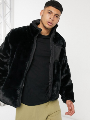 Asos Design Faux Fur Jacket In Black With Contrast Pocket