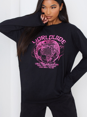 Black Worldwide Printed Long Sleeve T Shirt