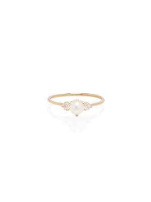 14k Prong Set Diamond And Pearl Ring