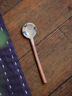 Mashiko-yaki Hand-painted Spoon, Blue And Grey Floral