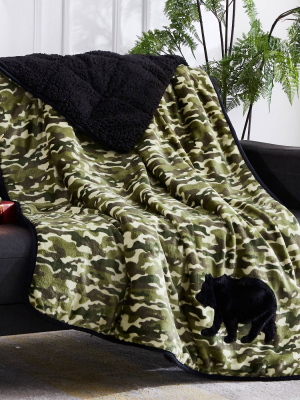 Kids' Applique Printed Velvet To Sherpa Reverse Weighted Throw Blanket Camo Green - Dream Theory