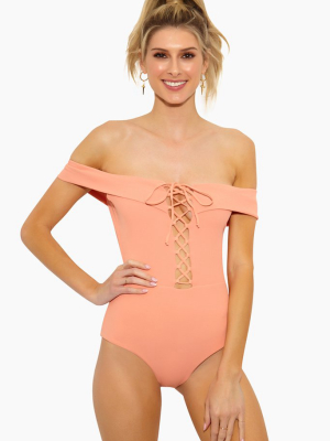 Anja Off Shoulder Lace Up One Piece Swimsuit - Tropical Peach