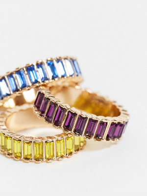 Asos Design Pack Of 3 Rings With Crystal Baguette Stones In Gold Tone