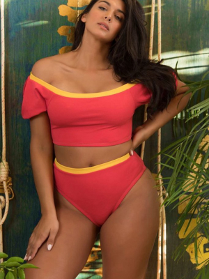 Plus Size Contrast High Waist Sleeved Off Shoulder Bikini Swimsuit - Two Piece Set