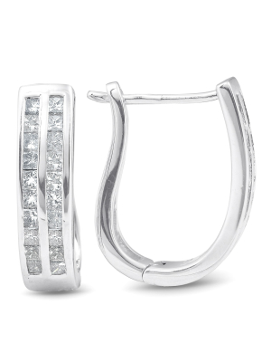 Pompeii3 1 Cttw Princess Cut Diamond Double Row Hoops 10k White Gold 3/4" Tall