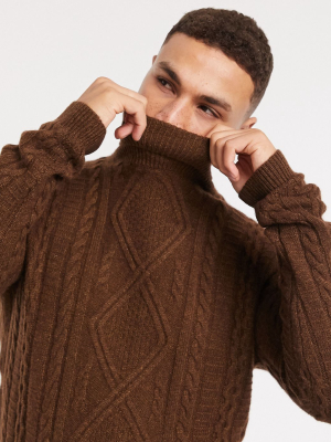 Asos Design Lambswool Cableknit Rollneck Sweater In Chocolate Brown