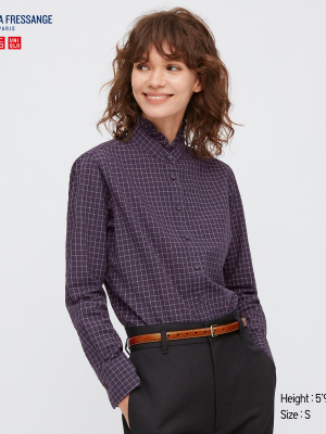 Women Cotton Frilled Stand Collar Long-sleeve Shirt (ines De La Fressange)