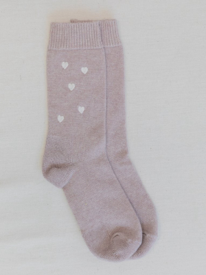 The Cashmere Embroidered Sock. -- Soft Berry With Washed White Heart Embroidery