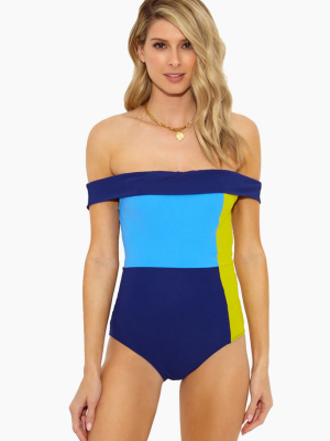 The Gia Color Block Off Shoulder One Piece Swimsuit - Key Lime Green/navy Blue/shore Blue