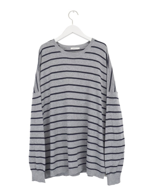 Striped Slouchy Crewneck In Grey/navy