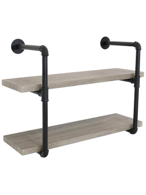 2-tier Industrial Pipe Wall-mounted Floating Shelf - Oak Gray Veneer - Sunnydaze Decor