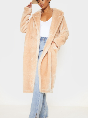 Stone Large Lapel Midaxi Faux Fur Coat