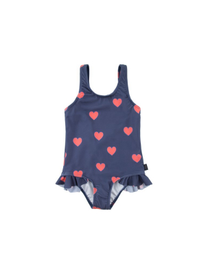 Tiny Cottons Hearts Frills Swimsuit - Navy/red