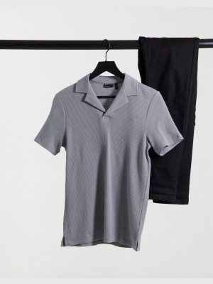 Asos Design Waffle Fit Polo With Camp Collar In Gray