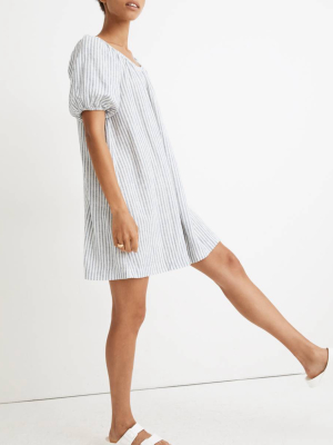 Linen-blend Puff-sleeve Trapeze Mini Dress In Railroad Stripe