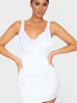 White Satin Cowl Neck Bodycon Dress