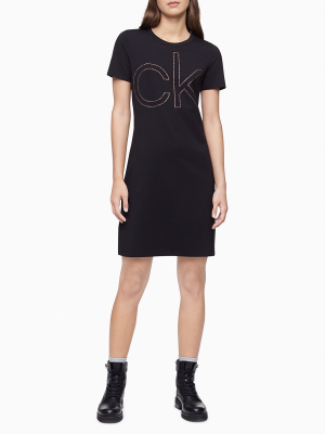 Rhinestone Logo Short Sleeve T-shirt Dress