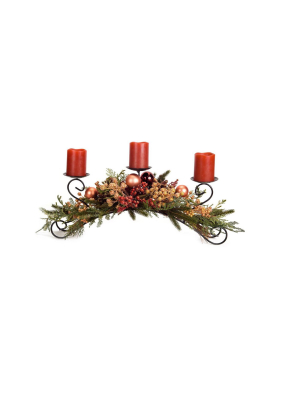 Melrose 27" Berry, Pine Cone And Ball Ornament Artificial Christmas Pillar Candle Holder - Red/bronze