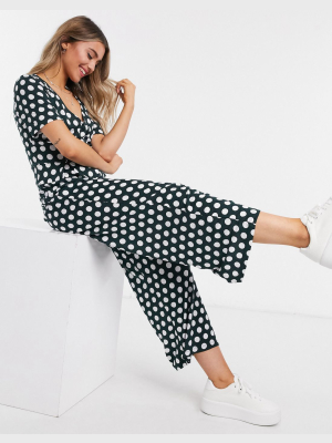 Asos Design Button Front Tea Jumpsuit In Dark Green Polkadot