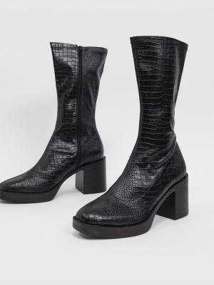 Public Desire Generate Chunky Sock Boots In Black Croc