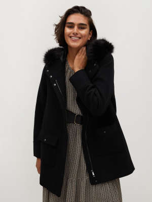 Faux Fur Hooded Wool Coat