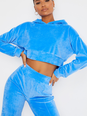 Blue Velour Elastic Hem Cropped Hoodie