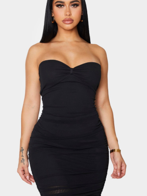 Shape Black Mesh Bow Detail Ruched Bodycon Dress