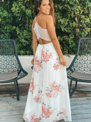 Ivory And Peach Floral Maxi Dress With Lace Back